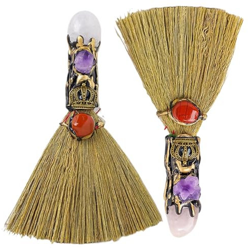 2 PCS Bitch Broom, escoba decorativa con cristal 6.7 en, decoración de brujas mágicas de Reiki Reiki de Halloween, decoración de brujería pagana wiccan para la limpieza de la oficina de la ofici.
