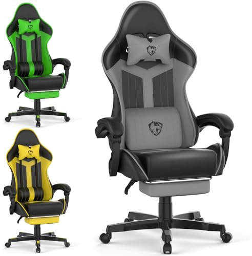 Soontrans Silla Gaming, Silla Gamer Ergonomica con Masajeador, Sillas Gaming con Reposapiés, Reposacabezas, Cuero sintético, Altura Ajustable para Juegos, 90-135°(Ceniza&Negra)