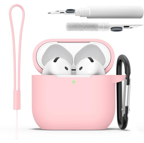 Silicone Case for AirPods 4 Cover 2024, with Cleaner Pen & Carabiner, Protective Apple Airpods 4 Case, Effective Impact and Scratch Protection (Pink)