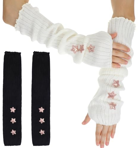 2 Paar Armstulpen Kawaii Arm Warmers Armstulpen Weiß Löcher Armlinge Damen Warm Strick Handstulpen Winter Herbst Armwärmer Gestrickt Damen Stulpen Lange Handschuhe Ohne Finger Pulswärmer(Schwarz Weiß)