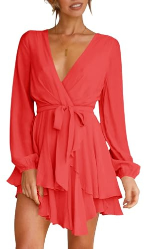 Wenrine Damen Kleider Sexy Tiefer V-Ausschnitt Freizeitkleid A Linie Rüschen Minikleid Langarm Wickelkleid mit Gürtel
