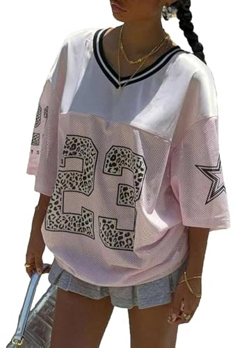 Anuedgis Women's Y2k Oversized Jersey Shirts Cute V Neck Number Graphic Basketball T-Shirt Summer Going Out Varsity Top Aesthetic Clothes (A-Pink, XL)