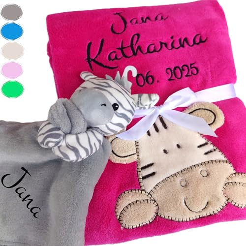 Wuff-Dogsworld Personalisiertes Geschenk für Baby Jungen und Mädchen aus Babydecke und Schmusetuch mit Namen Bestickt, viele Motive, zur Geburt und Taufe