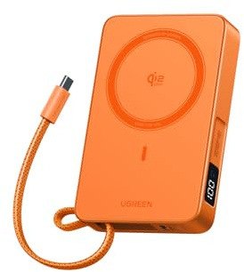 UGREEN MagFlow 10000mAh Qi2 25W MagSafe Power Bank Built-in Cable (Orange) | PD 30W, Wireless Fast Charging, Magnetic Portable Charger, Battery Pack Compatible with iPhone Air/17-12 Series