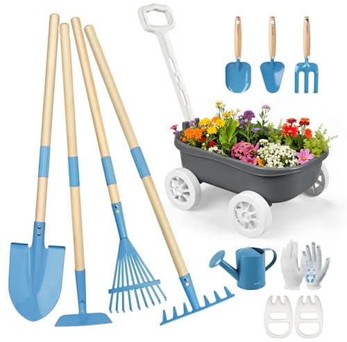 Grenebo Kids Gardening Set with Wheelbarrow, 11-Piece Outdoor Yard, Beach, STEM Garden Play Kit with Child-Sized Tools, Durable, Safe & Fun Gift Toy for Ages 2+ Kids Toddlers Boys Girls (Gray)