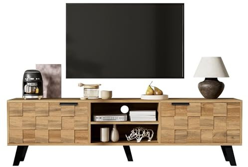Feoffey 160.5cm TV Unit with Storage, Modern TV Stand for TVs up to 65 Inch, Entertainment Unit with 2 Doors and 2 Open Shelves, Wooden Media Console Cabinet with Soft Close Hinges for Living Room