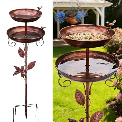 SKIKHN Metal Bird Bath for Outside,46In117CM/Double Metal Vintage Freestanding Birdbaths & Birdfeeder,Upgraded 5-Pronged Base,Bird Baths Feeder Bowl for Outdoors Garden Patio Yard Lawn Decor