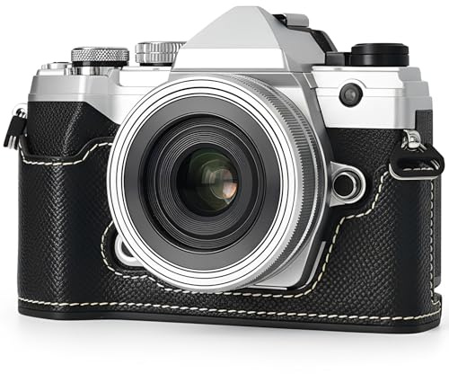 pssped Protective Camera Case Compatible with Olympus OM-5/Olympus OM-D E-M5 Mark III Camera Case,PU Leather Half Case with Adjustable Shoulder Strap (Black)