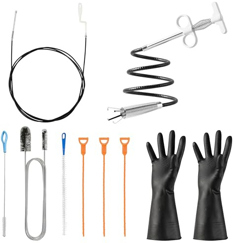 YINGENIVA Drain Unblocker Tool Kit 9 Pcs Hair Clog Remover | Sink Snake Drain Cleaner with 5m Drain Snake ,1.6m Grabber Brushes & Gloves for Sink, Shower, Toilet and U-Bend