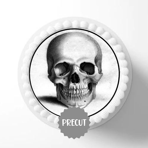 Vorgeschnittener essbarer Totenkopf-Kuchenaufsatz 17,8 cm – Halloween Gruseliger Totenkopf #2 – Oblaten-Karte 17,8 cm Kuchendekoration
