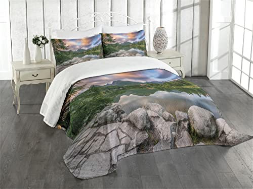 ABAKUHAUS Berg Tagesdecke Set, See durch Wald Berg, Set mit Kissenbezügen Waschbar, für Doppelbetten 220 x 220 cm, Grau Grün