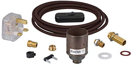 ElekTek Premium Lamp Kit Antique Brass Plain E27 Lamp Holder with Round Brown Flex, in Line Switch and 3A UK Plug
