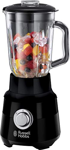 Russell Hobbs Batidora de Vaso Matte Black - Jarra de Cristal 1,5L, Cuchilla Acero Inoxidable 4 Puntas, 2 Velocidades, Función Pulse, Tapón de Relleno Extraíble, Bloqueo de Seguridad, Negro - 24722-56