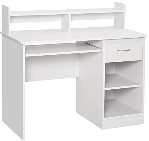 HOMCOM Scrivania per Computer Compatta, Scrivania PC Fisso in Legno Bianco con Ripiano Tastiera Estraibile e Mensole 104x48x95.5cm