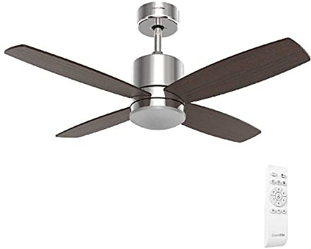 UNIVERSALBLUE | Ventilatore da soffitto con luce LED | Colore inox | Ventilatore silenzioso con motore DC | Telecomando | 4 pale | Diametro 122 cm | Timer | 6 velocità |