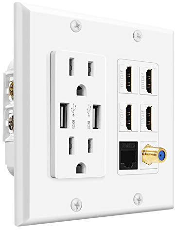 TNP Multimedia Outlet Box (White) - HDMI Outlet Wall Plate with USB Charging, USB Wall Plate Charger and Power Outlet 15A, 4 HDMI Ports, 1 Cat6 RJ45 Ethernet Port, Coaxial Cable Outlet, Keystone Jack