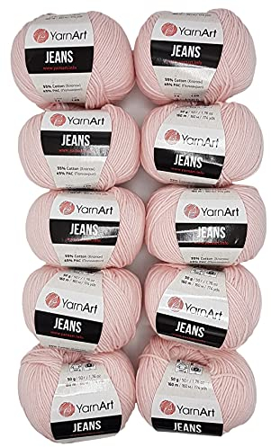 10 x 50g Strickwolle YarnArt Jeans einfarbig mit 55% Baumwolle, 500 Gramm Wolle uni (rosa 74)