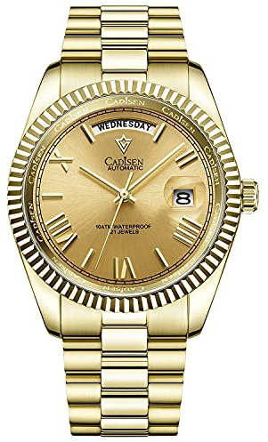 CADISEN Herren Automatik MIYOTA 8285 Mechanische Uhr Casual Uhren für Männer Wasserdicht Saphir, Gold, 40MM, Mechanische, automatische Armbanduhr