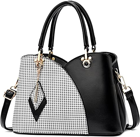 FORRICA Damen Handtasche Mode Kariertes Umhängetasche Frauen Tasche PU Leder Schultertasche mit Rhombus-Anhänger Schwarz