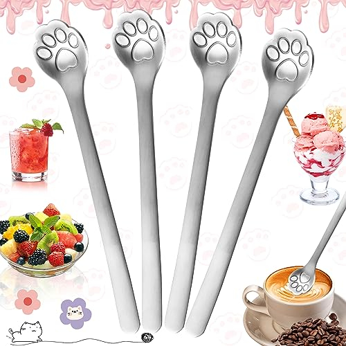Benaton 4 Pièces Cuillere a Cafe Petite Cuillère à Dessert, Acier Inoxydable Cuillère Design Chat Mignon, 14,8cm(argent)
