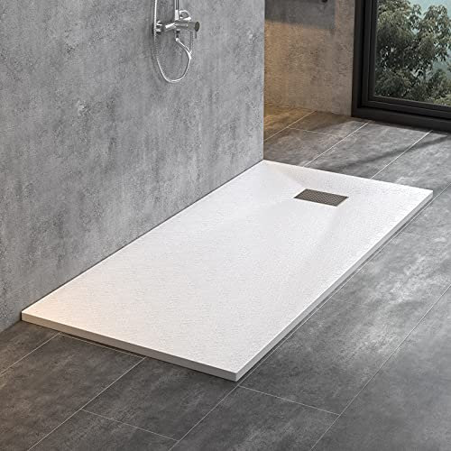 Receveur de douche 160 x 90 cm en SMC - Blanc - Aspect pierre - Antidérapant - Hauteur : 3,2 cm - Seuil bas - Extra plat