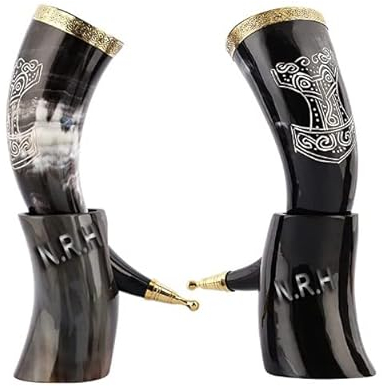 Nautical Replica Hub Viking Drinking Horn Mug | Authentic Thor's Hammer Carved Viking Drinking Horn with Stand (Set of 2)