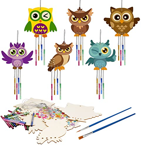 WEDNOK 6tlg Eulen Bastelset Kinder Herbst Basteln Windspiel Holz Eule Bastelsets Klangspiele Bastelhandwerk zum Basteln und Dekorieren für Herbstdeko Eulendeko Halloween Kunsthandwerk Mädchen Junge