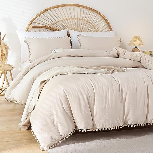 YIRDDEO Beige Twin Ball Pom Fransen Design Bettwäsche-Set 2-teilig, Boho ästhetisch, luxuriös, Vintage ultraweiche Mikrofaser Beige Bettdecke Set (1 Bettdecke, nur 1 Kissenbezug)