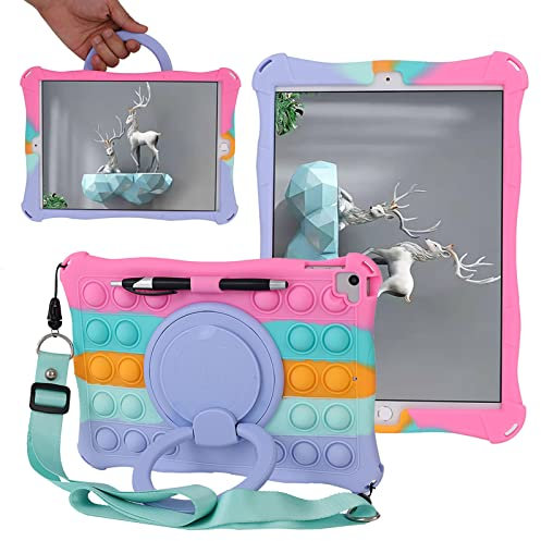 ESSTORE Case for iPad 10.2 Inch, iPad 9th/8th/7th Generation Case 2021/2020/2019 Rotating Handle Stand Shockproof Cover with Shoulder Strap Pencil Holder Stylus, Rainbow Pink