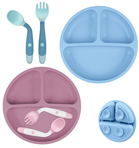 Vicloon Assiettes en Silicone avec Ventouse pour Bébé,2PCS Assiette Ventouse Pour Bébé, Pour les tout-petits et l'auto-alimentation- Passe Au Lave-vaisselle et Au Micro-ondes(Rose Foncé/Gris Bleu)