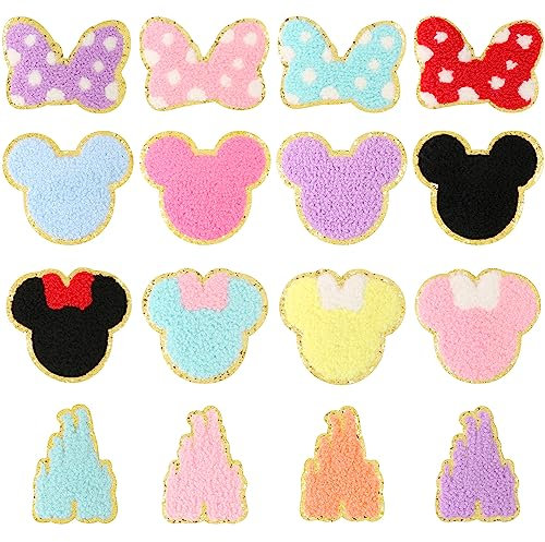 16 Stück Chenille-Mauskopf-Aufnäher, zum Aufbügeln, bunte Chenille-Maus-Schloss, Schleife, bestickte Applikation, DIY-Zubehör für Kleidung, Hüte, Jacken, Rucksack, Hosen