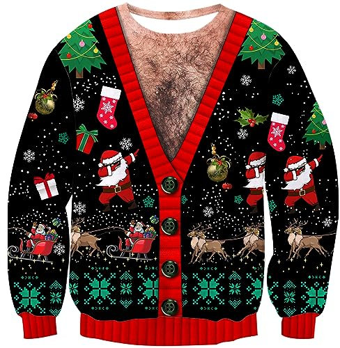Loveternal Ugly Weihnachtspullover Herren 3D Druck Hässliche Christmas Brustbehaarung Sweater Langarm Xmas Schneeflocke Pullover Jumper XL