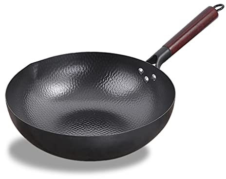 12,5-Zoll-Gusseisen-Wok, chinesische handgehämmerte Eisen-Woks und Rührpfannen mit abnehmbarem Griff, antihaftbeschichtet, ohne Beschichtung, Topf mit flachem Boden