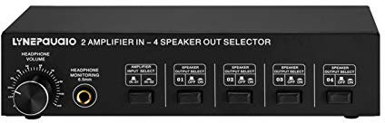 JINGFENG 2 in 4 Out Speaker Selector Switch Box 4 Zone Amplifier and Speaker Selector with Volume Control Banana Jack 6.5mm Earphone Jack
