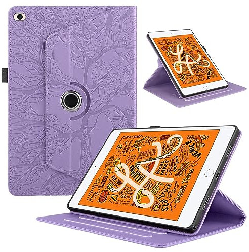 TEDTIKJT Coque pour iPad Mini 7.9 2019 iPad Mini 5/4/3/2/1 Flip PU Cuir 360Rotatif Multi-Angle Stand Housse avec Réveil/Sommeil Automatique Vie Arbre Rotating Tablette Protection Cover,Violette