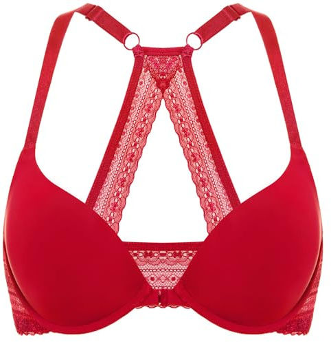 DOBREVA Women's Push Up Bra Front Fastening Bras T Shirt Racer Back Padded Underwired Plunge Bra Lipstick Red 34C