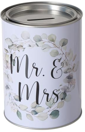 Spardose Sparschwein Schriftzug Mr & Mrs - Deckel abnehmbar - Grau Wiederverwendbar Metall Sparbüchse Geldgeschenk Geschenkidee Geldspardose Metallspardose 14 x 10 cm