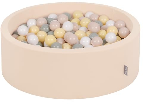 KiddyMoon Rund Bällebad Bällepool 90X30cm/200 Bälle ∅ 7Cm Ballgruben Für Babys Spielbad Kleinkinder, Beige:Pastellbeige/Grüngrau/Pastellgelb/Weiß