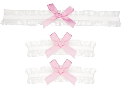 Ensemble de jarretières et de brassards, Jarretières blanches avec nœud en ruban rose, Accessoires de mariage Fournitures de mariage, Lot de 2 brassards et 1 jarretière pour la mariée