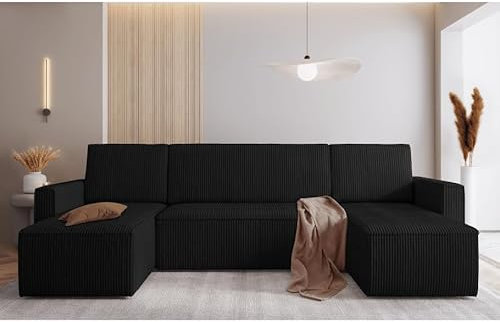 Easy4You Mimir Corduroy Corner Sofa in U-Shape 303 x 80 x 145 cm with Sleep Function and Bedding Container - Sofa Bed with Bed Box - Corner Couch with Storage Space - Fabric: POSO 135