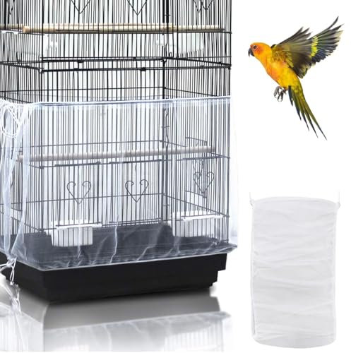 AFCJLTO Cubierta para jaula de pájaros con colector de plumas y rejilla para loros, Cordón de gran tamaño ajustable de 140-220 cm,Mantiene la ventilación limpia y fresca(Blanco)