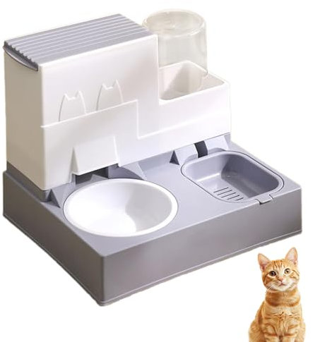 2 en 1 Comedero y Bebedero Automático para Perros y Gatos, Dispensador de Alimentos y Agua por Gravedad para Mascotas Pequeñas, Ideal para Gatitos (A Gris)