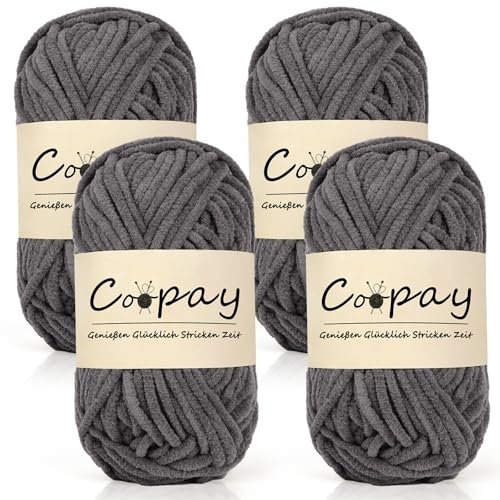 Coopay Chenille Chunky Wolle zum Häkeln Dickes Garn, 4 x 50g Dicke Wolle zum Stricken, Super Flauschig Weiches Wolle für Babydecke, Grobes Chenille-Garn für Hüte, Schals, Socken, Taschen - Dunkelgrau