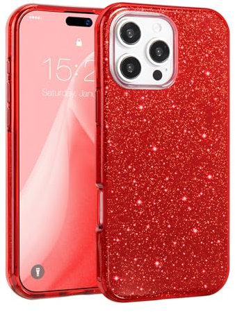 MATEPROX Compatible with iPhone 16 Pro Case, Glitter Bling 3-Layer Shockproof Anti-Scratch Cover for Girl Women, Trendy Protective Case for iPhone 16 Pro 2024-Red