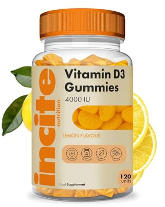 Incite Nutrition Vitamin D Gummies. 120 Lemon Flavour Chewable High Strength Vitamin D 4000 iu Gummies. 4 Month Supply of D3 Vitamins for Muscle Function, Immune Health and Year-Round Wellness