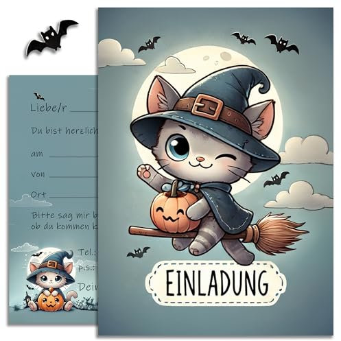 10 Halloween Karten Einladungskarten Zauberhafte Hexenkatze Einladung Karte Katze für Jungen Mädchen Kinder Party Motiv Halloweenparty Grusel Party süße Katzen Hexe Set
