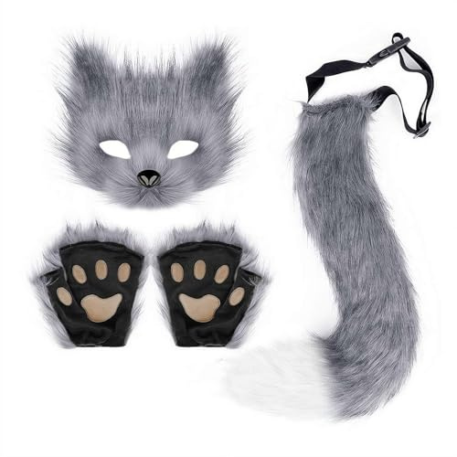 Ensemble masque queue et gants en fausse fourrure de chat et de loup en fourrure pour Halloween, fête de Noël