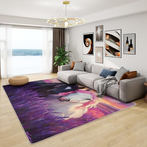Pferde Teppich Kinderzimmer - Teppich Wohnzimmer Schlafzimmer Mädchen Pferd, Kleiner Teppich Kinder Pferde Lila, Weich Kurzflor & Waschbar & Rutschfest Fussmatte Innen, Kinderteppich 60x90 cm