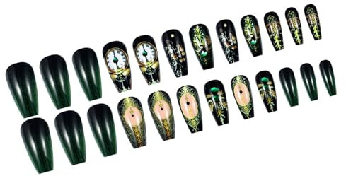 Long Coffin Press On Nails Gradients Green Black Square Full Covers Artificial Faux Nails With Vintage Clock Print 24Pcs