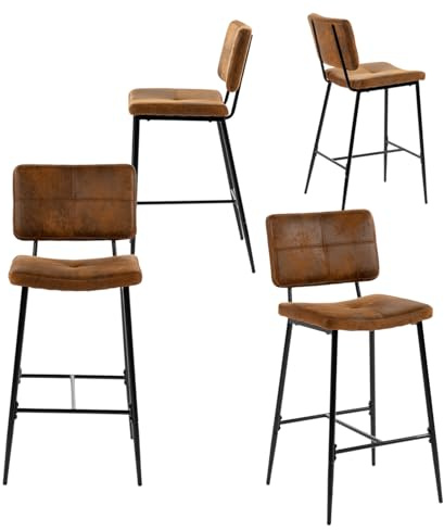 MEUBLE COSY Lot de 4 Tabouret de Bar Industriel avec Dossier et Repose-Pieds, Siège Rembourrés de 75 cm de Haut, Chaises Hautes en Suédine Cadre en métal, Marron